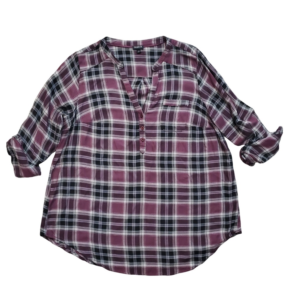 Torrid Harper Blouse Purple Plaid Roll Tab Sleeve Rayon Top Size 1